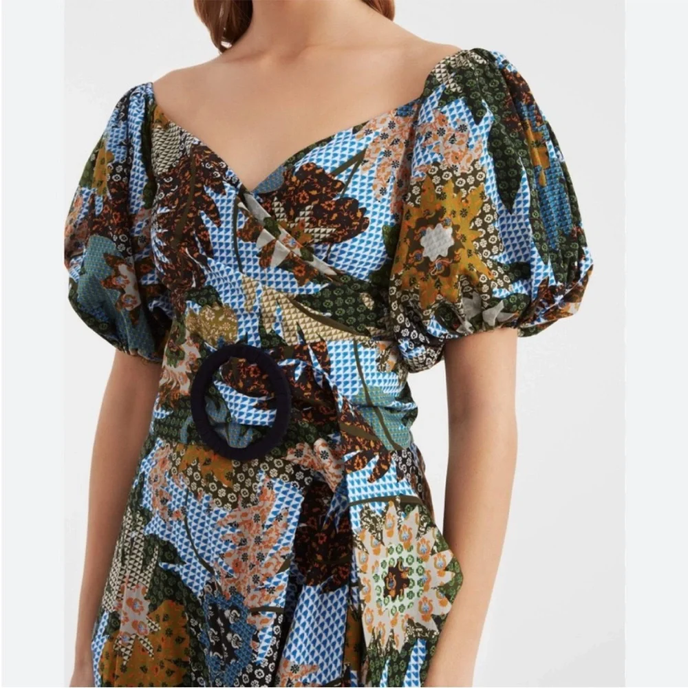 Sachin + Babi Blue Floral Puff Sleeve Midi Dress (No belt!) - Picture 3 of 8